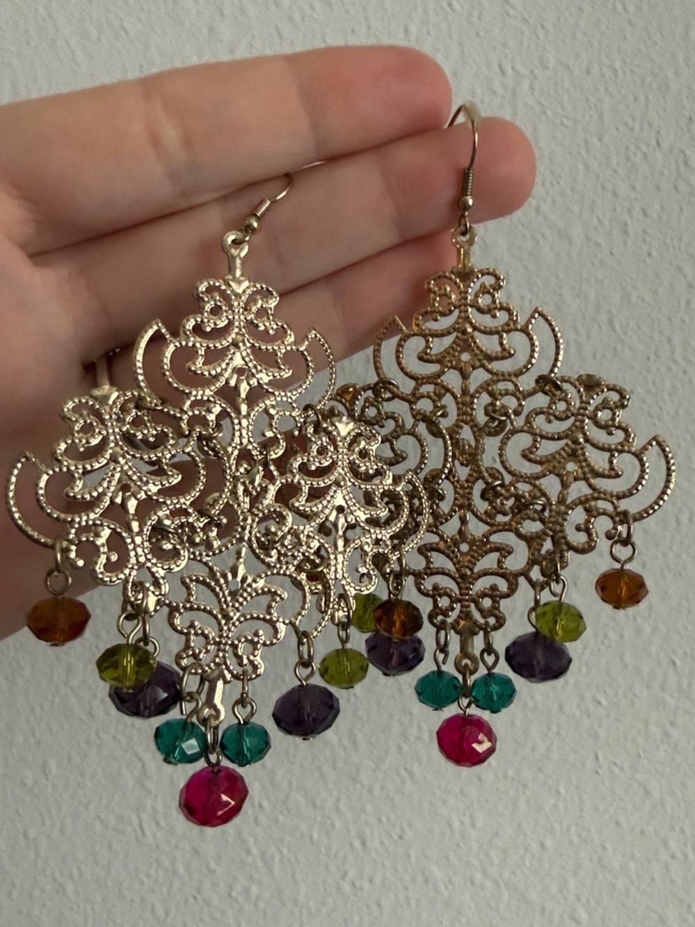 Gold Filigree Chandelier Earrings with Multicolor Beads